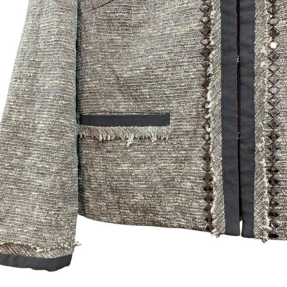DKNY Donna Karan Tweed Frayed Metallic Beaded Blazer Jacket Silver Gray Size 8 - Picture 4 of 8
